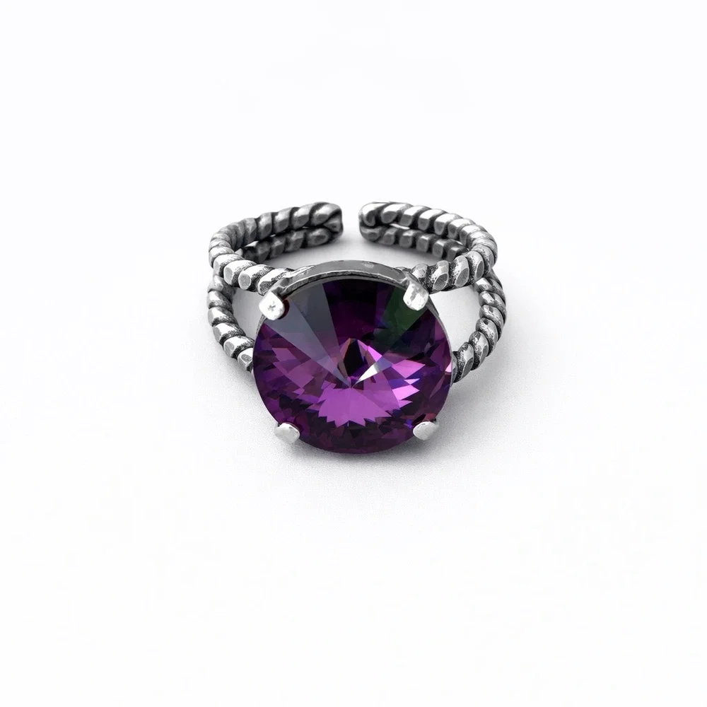 Adjustable Ring | Amethyst Swarovski Elements | Purple Crystal Round Rope Ring
